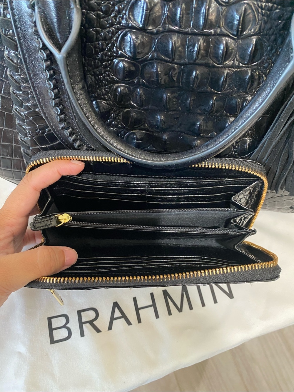 Brahmin Black Croc-Embossed Leather Satchel with Tassel and Matching Wallet ๐ค๐ - Picture 7 of 10
